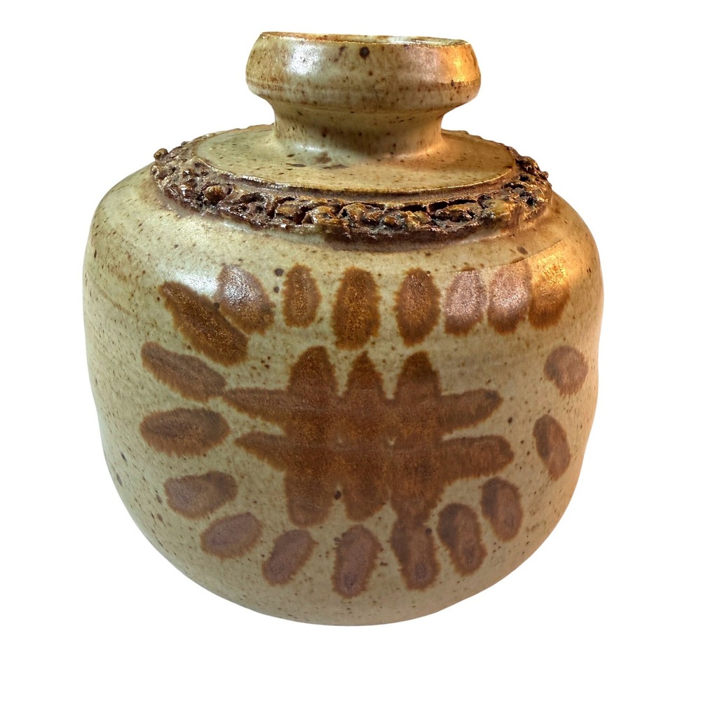 Vintage Studio Art Pottery Vase Signed Stoneware Earth Drip Glaze 70s Handmade‎